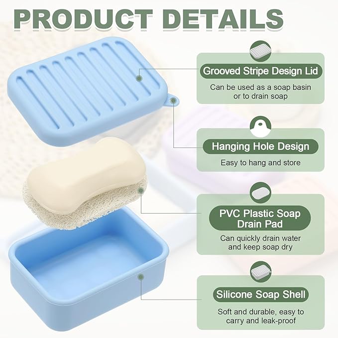 uxcell Shampoo Bar Travel Case, Silicone Leak Proof Soap Bar Case with Draining Layer Soap Container for Traveling, Bathroom, Gym, Camping(4"x2.76"x1.3", Light Blue)