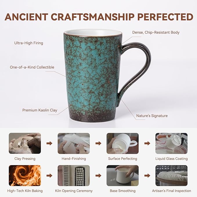 11oz Peacock Green Ceramic Mug, 1340℃ Kiln-Change Unique Glaze Coffee Cup - Lead-Free, Microwave Safe, Handcrafted Gift for Tea/Coffee Lovers