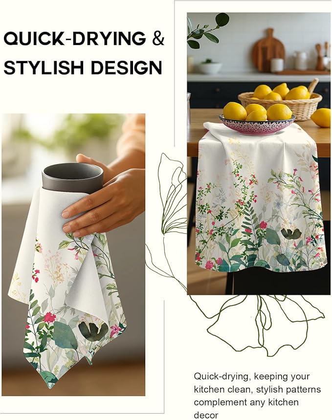 Flour Sack Kitchen Towels Set of 2-18x26 Cotton Dish Towels with Hanging Loop Reusable Tea Towel for Cleaning Spring Absorbent Dishcloths Cute Home Decor Housewarming, Ink Flowers