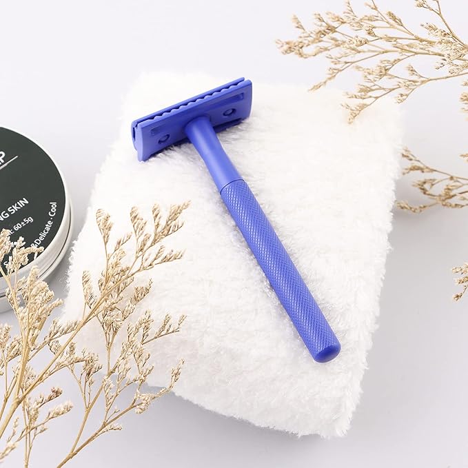 Kinghood Double Edge Safety Razor, Single Blade Razors with 10 Stainless Steel Blades, Reusable Metal Shaving Razor for Women and Men - Dark Blue