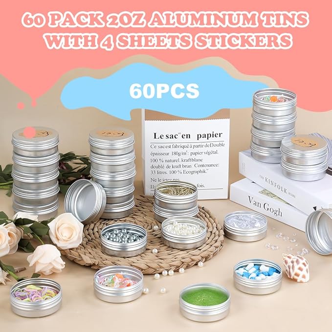 YQ 60 Pack 2oz Tins with Lids, Refillable Salve Tins, Thick 2 oz Tin with Labels, Screw Lid 2oz Tin, Aluminum Round Salve Containers, for Lotions, Balms, Salve, Candle(Silver)