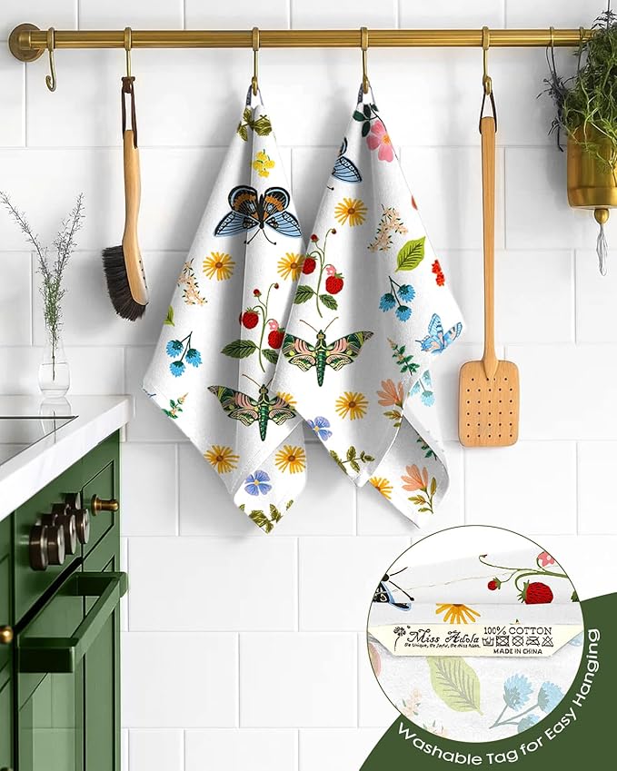 Flour Sack Kitchen Towels Set of 2-18x26 Cotton Dish Towels with Hanging Loop Reusable Tea Towel for Cleaning Spring Absorbent Dishcloths Cute Home Decor Housewarming, Butterfly Garden