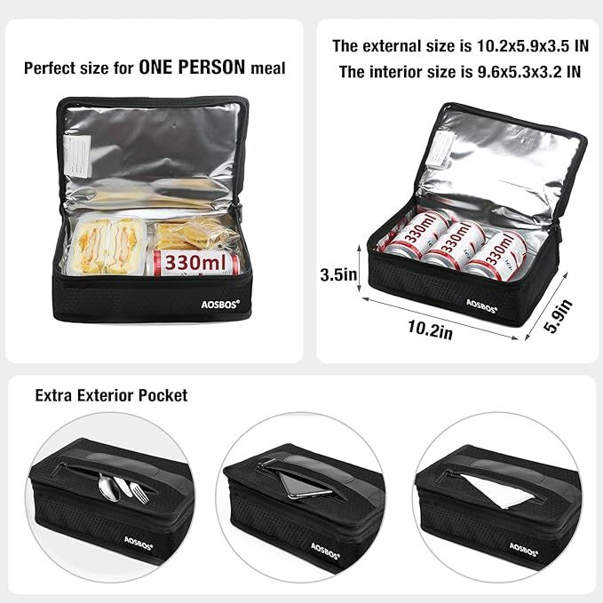 Aosbos Small Insulated Lunch Bag - Compact Lunch Box for Portion Control, Work & Office, Black Honeycomb