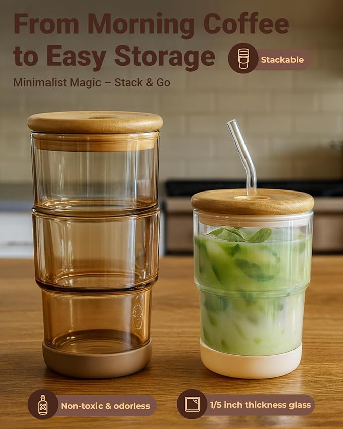 Zukro 13 oz Glass Iced Coffee Cups with Bamboo Lid and Straw for Office/Home/Work, Zero Plastic, Thick Wall Glass Water Tumbler With Silicone Bottom, Matcha Glasses, ECO Friendly, Amber 4 Pack