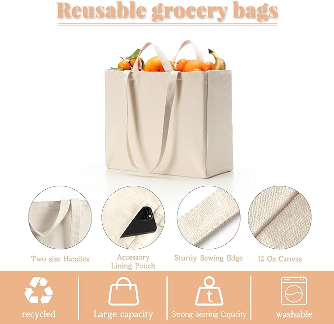 LINICE Canvas Tote Bag Reusable Grocery Bags with Long Shoulder Strap and Short Handle Foldable Heavy Duty Washable (6 Pack)