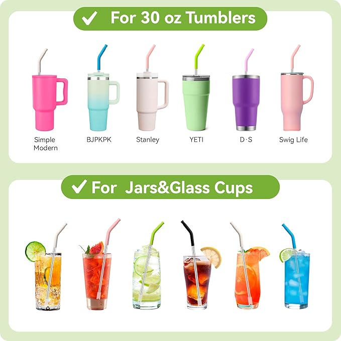 Metal Straw Reusable for Stanley 30 OZ Tumbler, 2 Pcs Long Stainless Steel Drinking Straws with Silicone Tip for STANLEY Quencher 30 oz Cups, 1 Straw Brush, BPA Free Dishwasher Safe(Light Pink)