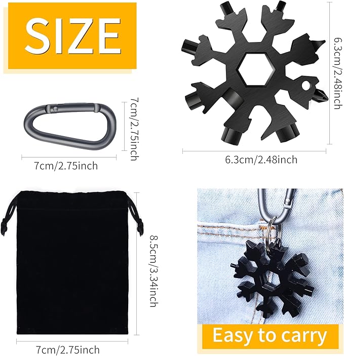 Snowflake Multitool, 5 Pieces 18-in-1 Stainless Steel Snowflake Standard Multitool, Snowflake Tool with Key Ring, Carabiner Clip and Gift Bag (Black)