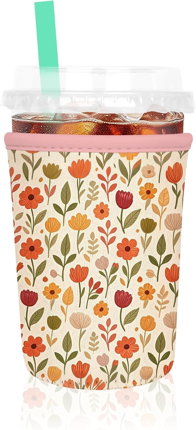 Iced Coffee Sleeve, Reusable Insulated Neoprene Cup Sleeve for Cold & Hot Drinks Beverages, Cup Holder for 16oz-18oz Coffee Cups, Beauty Flowers