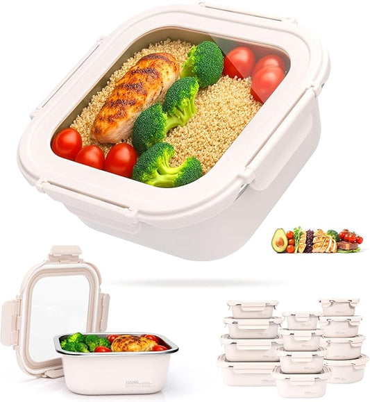 45oz Stainless Steel Lunch Box With Leakproof Tempered Glass Lids Microwavable Stainless Steel Food Storage Containers Stackable Freezer Fruit Snack Meal Prep Metal Bento Box for Travel Picnic Square
