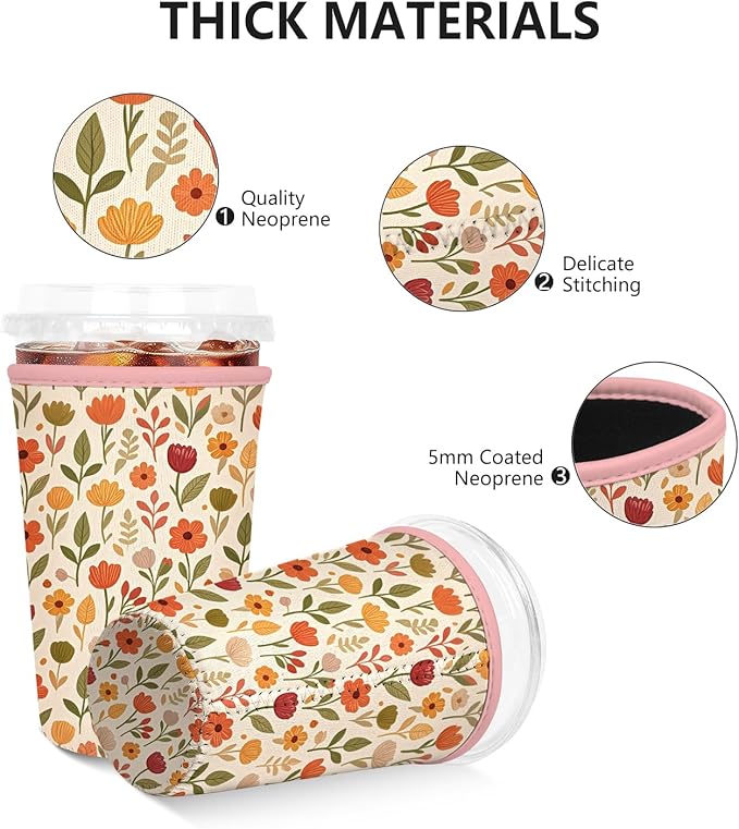 Iced Coffee Sleeve, Reusable Insulated Neoprene Cup Sleeve for Cold & Hot Drinks Beverages, Cup Holder for 16oz-18oz Coffee Cups, Beauty Flowers