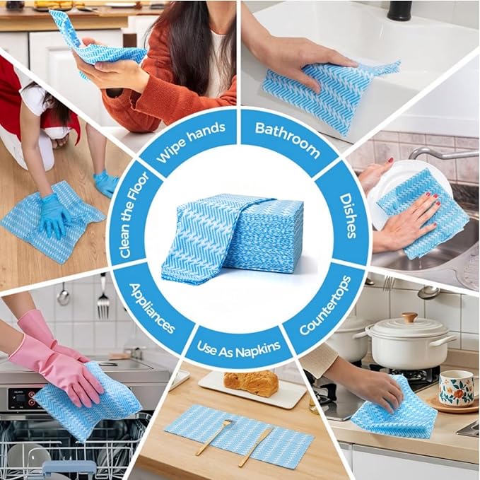 SUZZYVINE Handi Wipes Reusable Cloths Disposable Cleaning Cloths Dish Towels Reusable Paper Towels, Absorbent Dry Fast, Pack of 40 Count, Blue