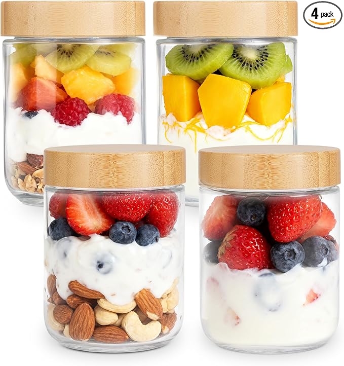 4-pack 16oz Overnight Oats Containers with Bamboo Lids, Wide mouth Mason Salad jars, Glass Jars with Airtight Lids for Meal Prep, Glass Food Storage Container for Snack Yogurt Sugar Spice