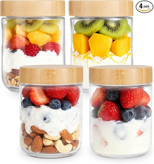 4-pack 16oz Overnight Oats Containers with Bamboo Lids, Wide mouth Mason Salad jars, Glass Jars with Airtight Lids for Meal Prep, Glass Food Storage Container for Snack Yogurt Sugar Spice