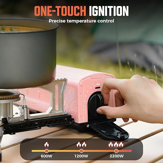 BIG HORN OUTDOORS Butane Camping Stove, Portable Folding Gas Burner with Carry Bag for Camping, Emergency Use and Outdoor Cooking, Pink