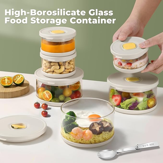Glass Food Storage Containers with Airtight Lids, 33.8oz & 11.8oz High-Borosilicate Glass Meal Prep Containers with Spork, Bento Lunch Boxes for Salad, Ramen, Soup, Fruit - 2 Pack, White