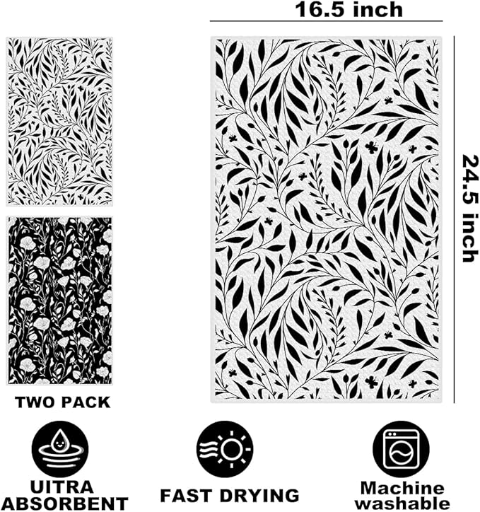 Jztco 2Pcs Black White Flower Kitchen Towels 24x14 Inch, Floral Seamless Pattern Waffle Hand Towels for Kitchen Bathroom Decor, Absorbent Microfiber Dish Cloth Tea Towel, Housewarming Gifts for Women