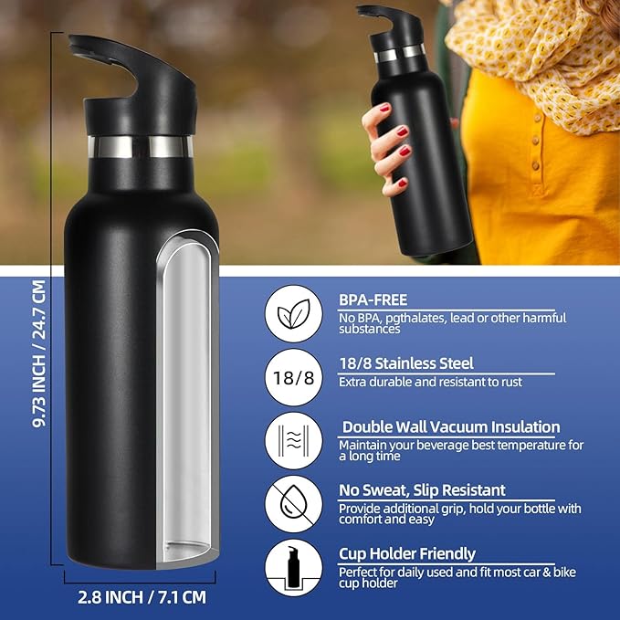 Volhoply 17oz Insulated Water Bottle Bulk 8 Pack,Stainless Steel Kids Water Bottles with Straw Lid,Double Wall Vacuum Metal Water Bottle,Reusable Sports School Flask Keep Cold (Black,8 Set)