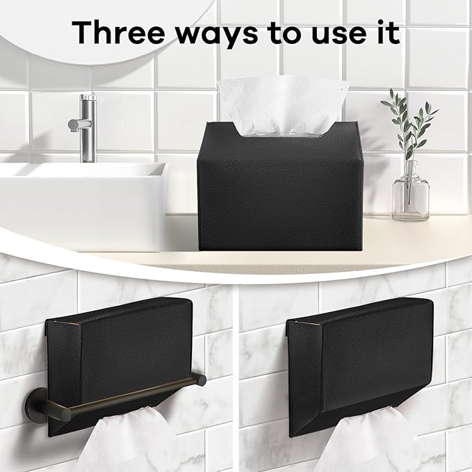 Disposable Hand Towel Box Cover Compatible with Kleenex Disposable Paper Hand Towels, Leather Tissue Box Cover Holder for Bathroom Holder (Black-2 Pack)
