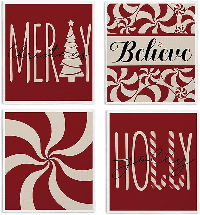 Swedish Dishcloths for Kitchen, Christmas Xmas Red Dish Rags Kitchen Dish Towels for Washing Dishes, 4 Pack Reusable Paper Towels, Sponge Cloths for Winter Holiday Home Cleaning Baking Cooking