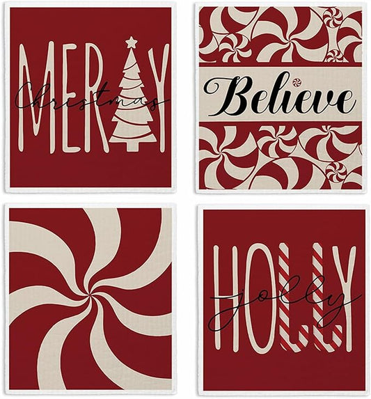 Swedish Dishcloths for Kitchen, Christmas Xmas Red Dish Rags Kitchen Dish Towels for Washing Dishes, 4 Pack Reusable Paper Towels, Sponge Cloths for Winter Holiday Home Cleaning Baking Cooking