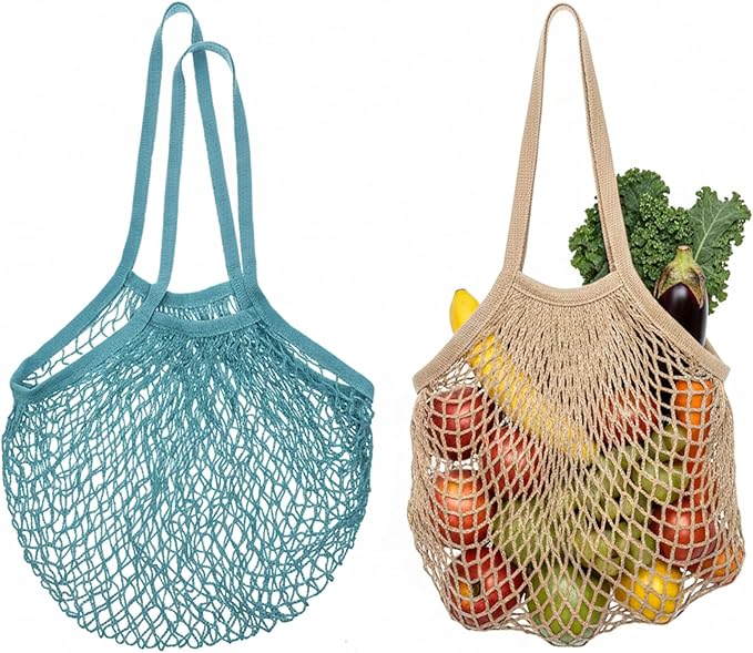 2 Pack Reusable Grocery Bags Cotton Mesh Produce Bags Long Handle Mesh Tote Bag for Fruit & Veggie Storage(Beige and Blue-Gray)