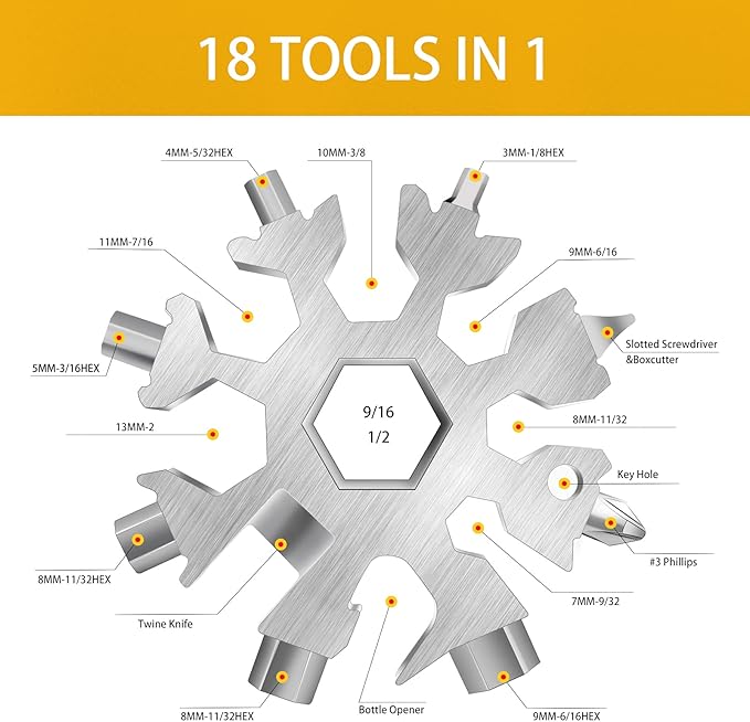 FZENeast 18-in-1 Snowflake Multitool, 3 Piece Stainless Steel Wrench With Key Ring, Carabiner Clip and Gift Bag (Silver)