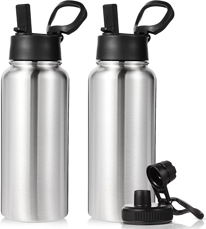Neihepal 32 oz Insulated Water Bottles with 2 Lids (Straw & Spout Lid), 18/8 Stainless Steel Double Wall Water Bottle for Gym, Travel, Camping, Sports (Silver,2 Pack)