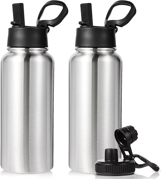 Neihepal 32 oz Insulated Water Bottles with 2 Lids (Straw & Spout Lid), 18/8 Stainless Steel Double Wall Water Bottle for Gym, Travel, Camping, Sports (Silver,2 Pack)