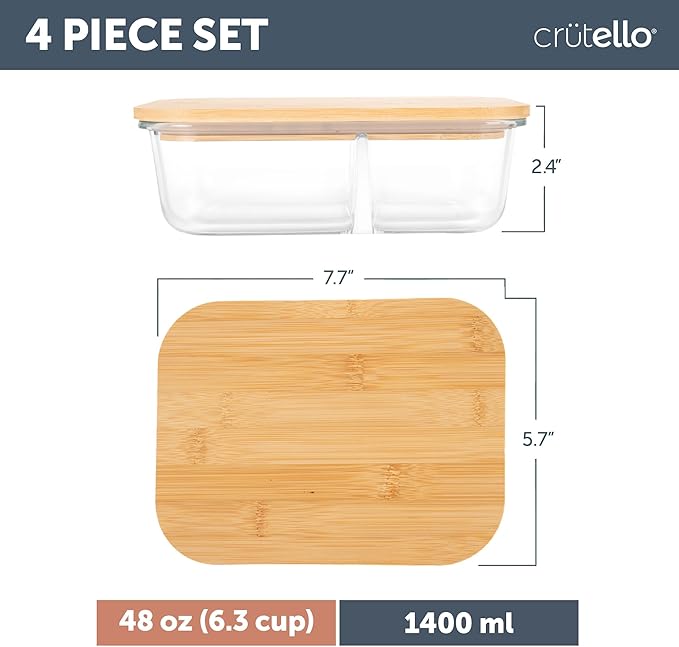 Crutello Glass Storage Containers with Bamboo Lids - Eco-Friendly Non Toxic Meal Prep Jars with Wooden Lid for Fridge and Kitchen Organization - Non Plastic Container for Fruit Bowls - 48 oz - 4 Pack