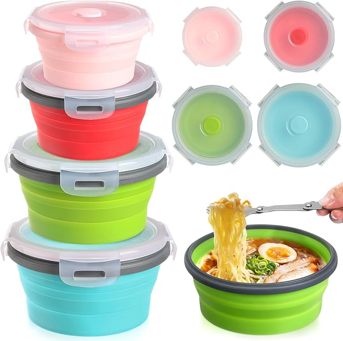 Suclain 4 Pcs Collapsible Bowls with Lids Silicone Camping Food Storage Container Expandable Folding Salad Lunch Box Travel Container for Hiking Camping(Red, Pink, Blue, Green,12, 17, 27, 41 oz)