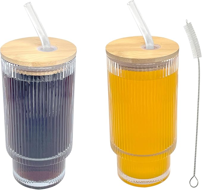 2-Pack Ribbed Glass Tumblers with Lids and Straws - 16oz Iced Coffee Cups, Reusable Glass Cups with Bamboo Lids Set for Tea, Matcha, Cocktails & Sparkling Water - Gift for Christmas, Birthdays