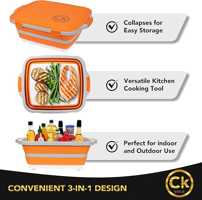 New LARGE Collapsible BBQ Prep Tub/LOCKING Lid, Cutting Board & Drain Hole | BPA-Free, Food-Grade, Recyclable, Space-Saving Buckets for Grilling, Camping, Kitchen & Outdoor Cooking (Orange, 8 Liters)