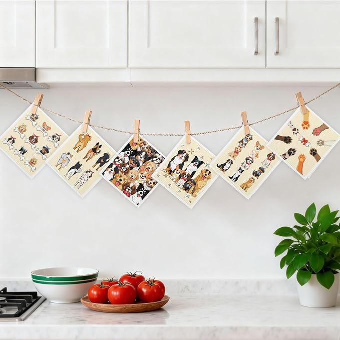 Mixed Dog Swedish Kitchen Dishcloths Dish Towels 6 Pack, Dogs Dish Towels for Kitchen, Swedish Dishcloth with Dogs Cute, Paper Towels Reusable, Dish Cloth Towel Cleaning Wipe for Home Party