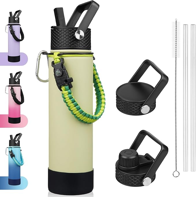 BJPKPK 27oz Insulated Water Bottles with 3 Lids, Paracord Handle & Non-slip Boot, Stainless Steel Metal Water Bottle with Straw, BPA Free Thermal Flasks, Tumblers,Macaron Green