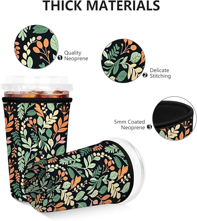 3 Pack Iced Coffee Sleeve, Reusable Insulated Neoprene Cup Sleeve for Cold & Hot Drinks Beverages, Cup Holder for 16-32oz Coffee Cups, Colorful Leaves