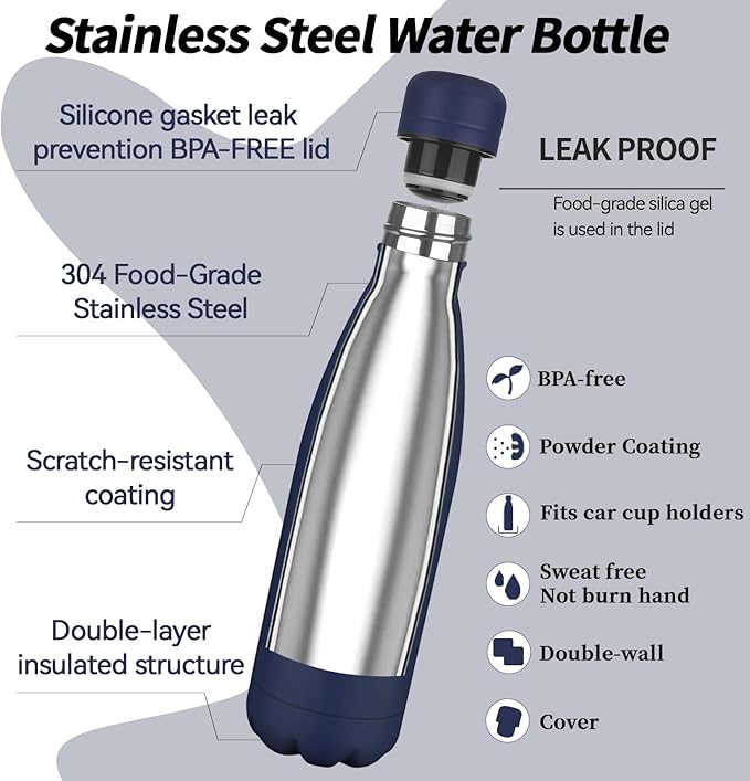 OWS 17oz Insulated Water Bottles Bulk 1/2/4 Pack, Metal Sports Water Bottles, Double Wall Vacuum BPA-Free Flask for School, Sports(navy 1pc)