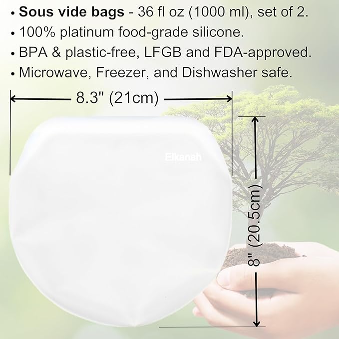 Elkanah Quart Reusable Sous Vide Bags Silicone Sous Vide Reusable Bags|100% Platinum Food Grade Silicone|Medium 35 Fl Oz|Clear-Set of 2