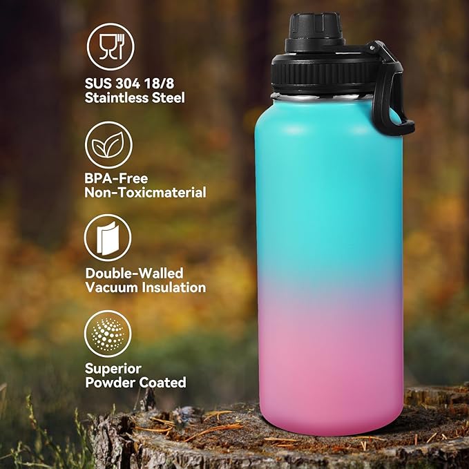 Neihepal 32 oz Insulated Water Bottles Bulk with 2 Lids (Straw & Spout Lid), Stainless Steel Double Wall Water Bottle, Keeps Cold 24H & Hot 12H (Assorted,4 Pack)