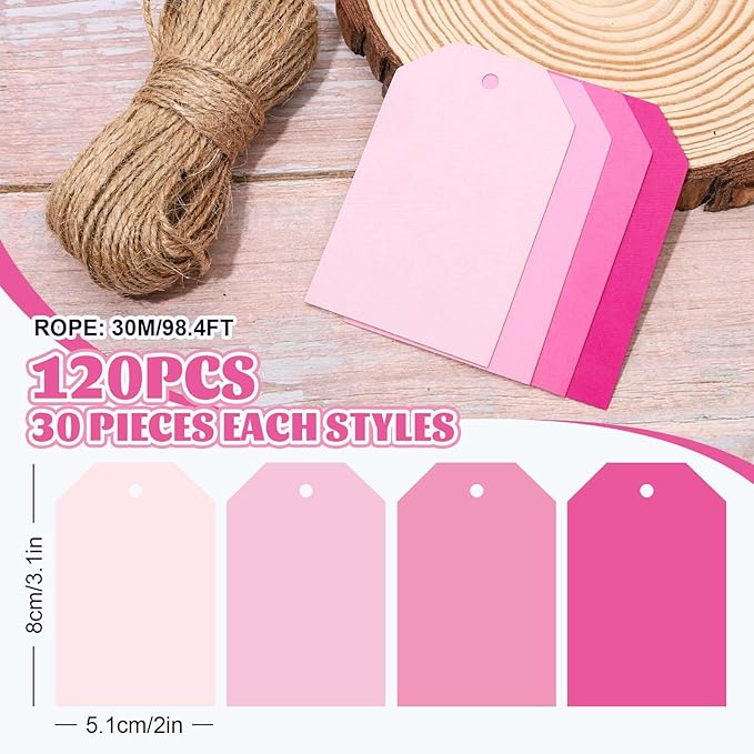 Whaline 120Pcs Pink Theme Gift Tags 4 Colors Gradient Pink Hanging Labels with Hemp Rope Bulk Colorful Blank Paper Tags for Birthday Wedding Holiday Baby Shower DIY Art Craft Supplies