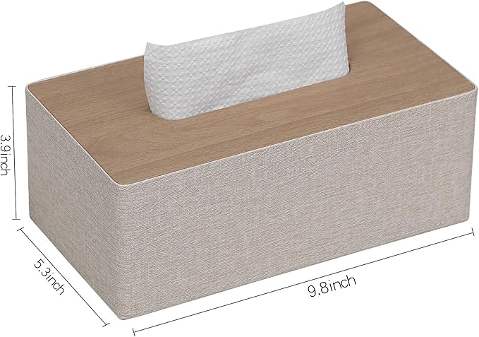 Tissue Box Cover Rectangular 9.8"(L) x 5.3"(W) x 4.3"(H) Refined Modern PU Leather Facial Tissue Dispenser Box Holder for Dresser Bathroom Decorative (Beige)