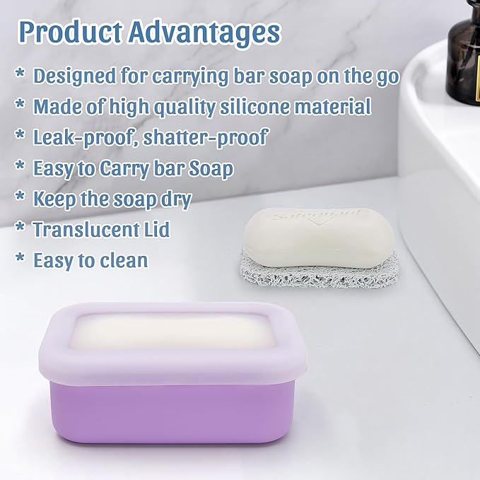 OZNER Leak Proof Travel Soap Container (Purple) - Silicone Soap Case with Drainage Pad, Compact Shatterproof Dish for Travel, Camping, Gym, Dorm, Bathroom Organizer