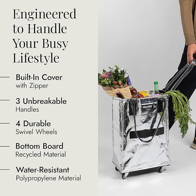 HULKEN (Small, Silver) Reusable Grocery Bag On Wheels, Shopping Trolley, Rolling Tote, Zipper Closure, Lightweight, Carries Up to 66 lb, Folds Flat