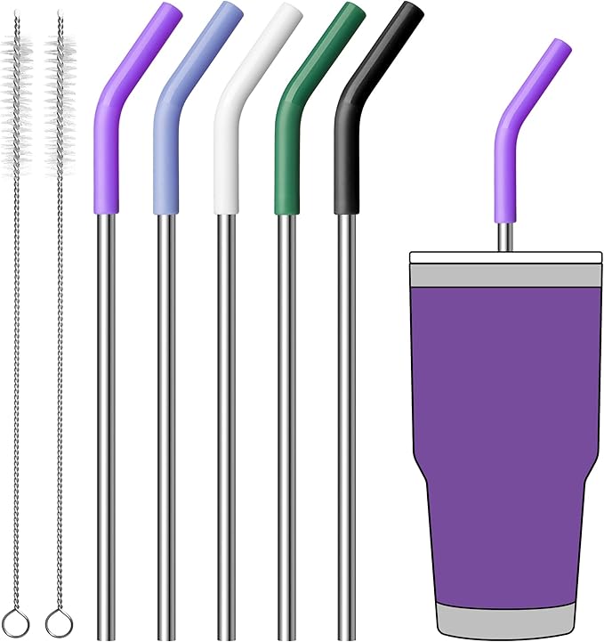 Metal Straws Reusable for 30 oz YETI Tumbler Mug, 9.5”Stainless Steel Reusable Drinking Straw with Silicone Tips for 30/32 oz Tumbler,1 Portable Bag