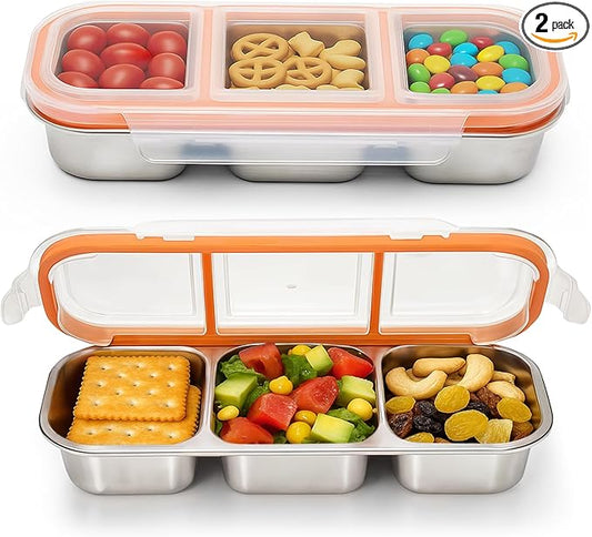 2Pack Stainless Steel Snack Containers for Kids & Adults, Reusable 3 Compartment Snack Containers with Lids, Leak Proof Metal Lunch Box, Stackable bento Box for Home, School and Travel