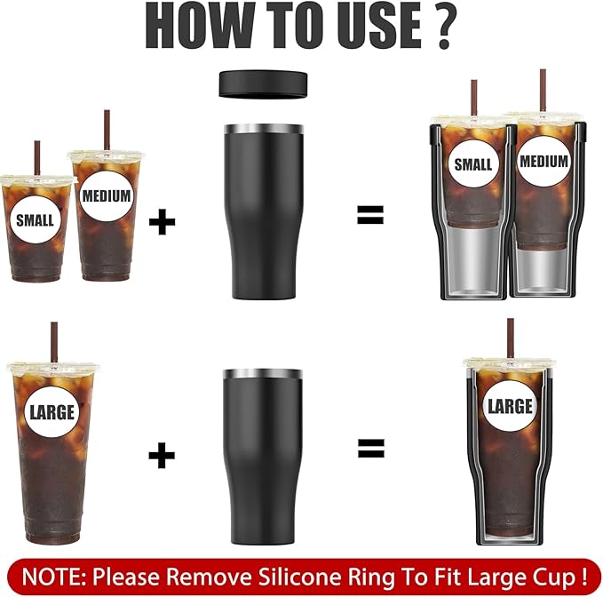 Universal Iced Coffee Sleeve with Handle - Insulated Double Wall Reusable Stainless Steel Holder Insulator for Cold Drinks Fits Small Medium Large To Go Cups Gifts for Men Women Him Her (Black)