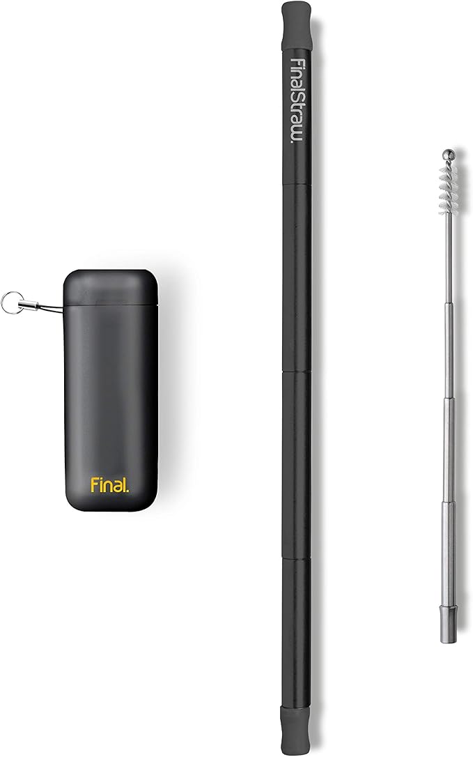 FinalStraw Collapsible, Reusable, Metal Straw | Travel Case, Cleaning Tool | Easy to Clean | Stainless Steel and 100% Silicon Tips | Eco-Friendly | Pirate's Booty Black Case, Black Stainless Steel