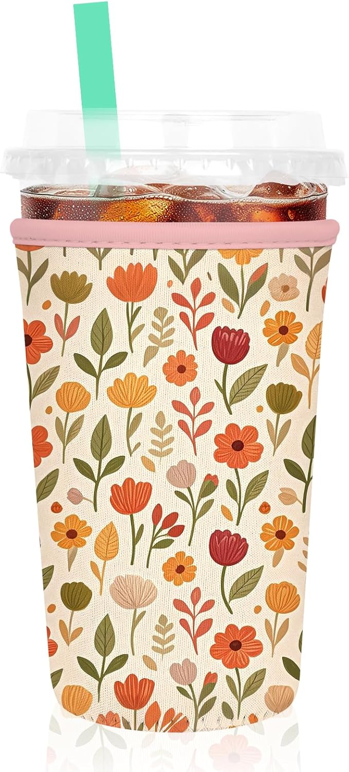 Iced Coffee Sleeve, Reusable Insulated Neoprene Cup Sleeve for Cold & Hot Drinks Beverages, Cup Holder for 32oz Coffee Cups, Beauty Flowers