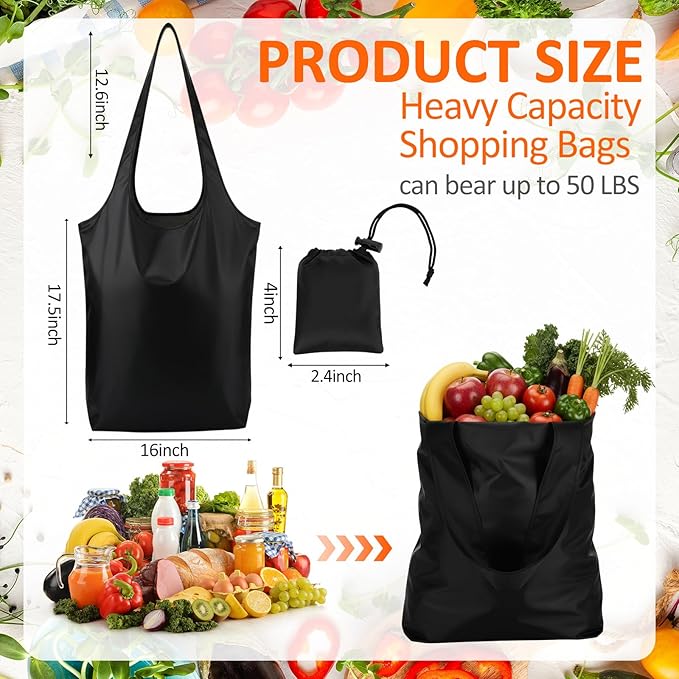 20 Pcs Reusable Grocery Bags Foldable Shopping Bags into Compact Pouch Large Black Totes with Handle Oxford Cloth Portable Lightweight Washable for Market Daily Use Travel Supermarket