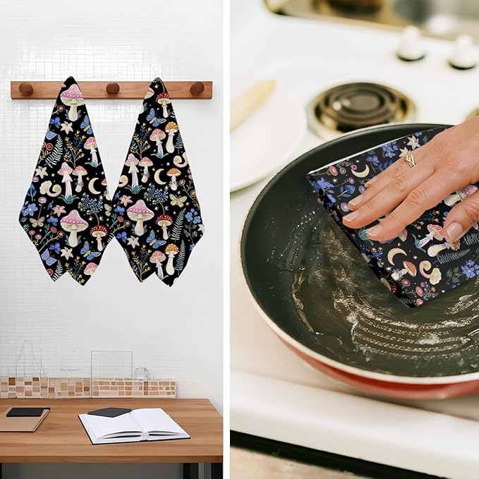 Jztco 2Pcs Boho Mushroom Kitchen Towels 24x14 Inch, Vintage Blue Floral Waffle Hand Towels for Kitchen Home Decor, Absorbent Microfiber Dish Cloth Tea Towel, Mushroom Gifts for Women Mom Grandma
