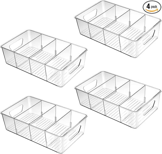 Stackable 4 Pack Pantry Storage Organizer Bins, Clear Plastic with 3 Removable Dividers, for Fridge, Snack, Organizer – BPA Free Perfect in Kitchen, Refrigerator